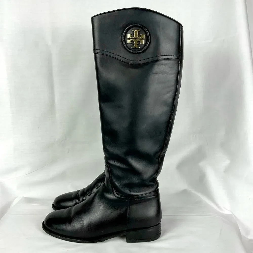 Tory Burch Ashlynn Black Boots Sz 7 Leather Riding Boots New Soles Authentic